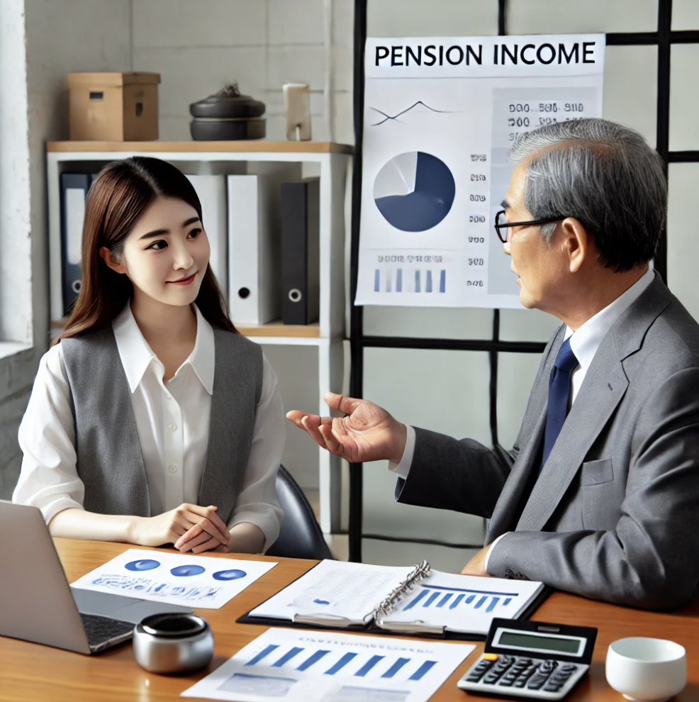 금융센터에서 고객에게 연금 수입에 대해 설명하는 재정 전문가. 