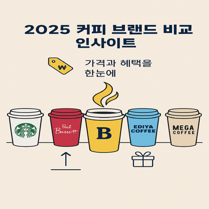 각 브랜드를 상징하는 컵 실루엣 위에 로고 또는 알파벳 심볼을 배치 하고,컵 아래에는 간략한 그래픽 요소(가격 상승, 혜택 아이콘)를 배치해 시각적으로 핵심 메시지를 전달