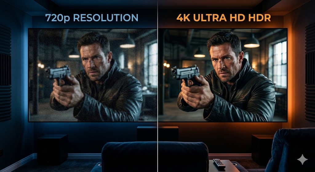 프리미엄(4K)과 베이식(720p)의 디테일 차이를 보여주는 비교