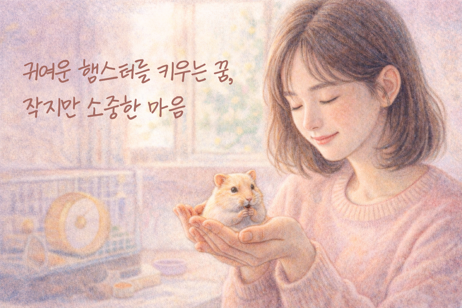 창가 햇살 아래 손 위의 햄스터를 바라보는 여성의 색연필 질감 일러스트