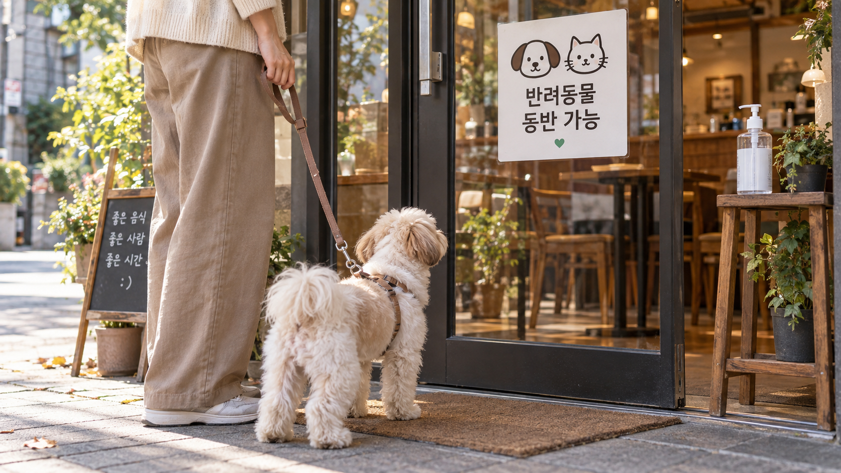 동반 가능 표시가 붙은 식당 입구