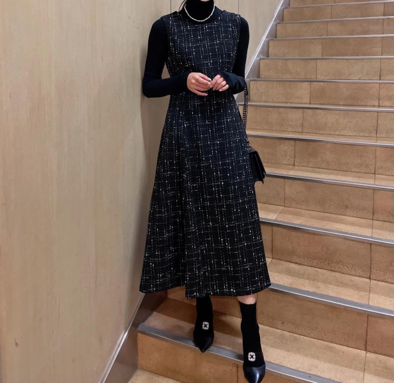 트위드 하객 결혼식 여성 플레어 롱 겨울 원피스 연말룩 파티룩