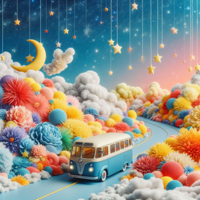 "푸른 하늘과 반짝이는 별들 사이를 달리는 버스의 환상적인 장면."