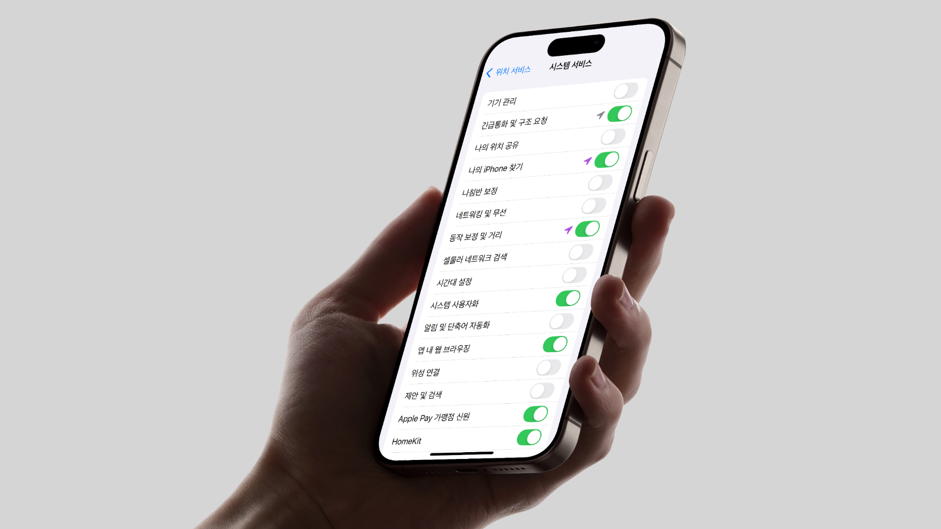 아이폰 시스템 서비스 설정 화면