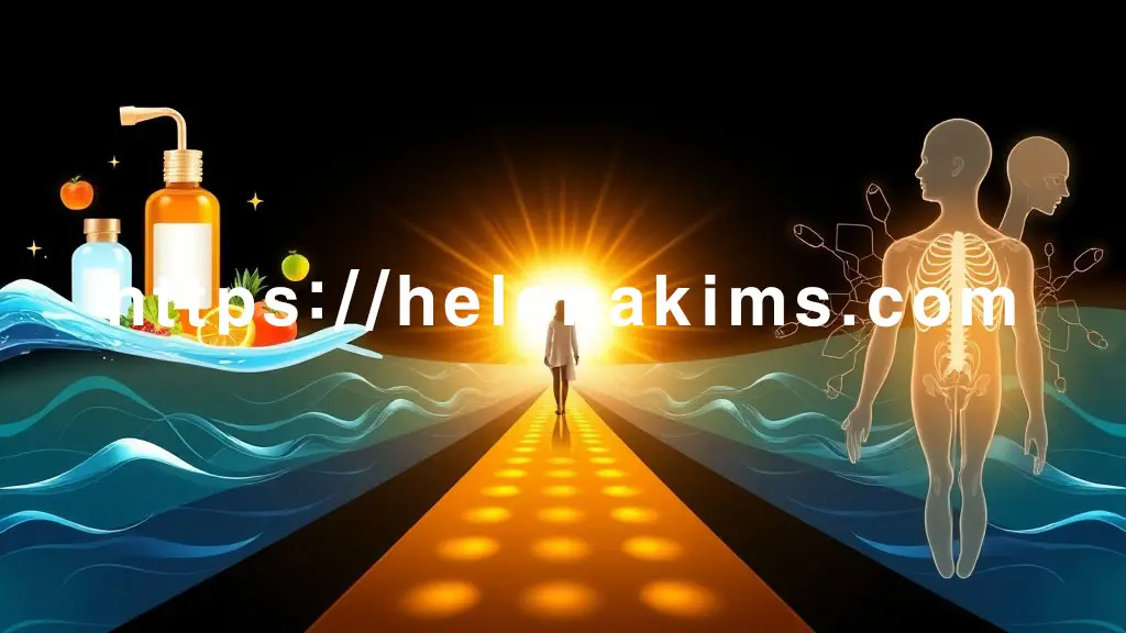 왼쪽 길에는 온화한 수분(물결), 치유 연고 병, 활력을 주는 신선한 채소와 과일 아이콘이 배열되어 자연 친화적인 관리 방법을 표현, 오른쪽 길에는 내부 조직의 재정비를 암시하는 추상적인 형태의 섬세한 실루엣과 정밀한 관리 도구의 그래픽 이미지.