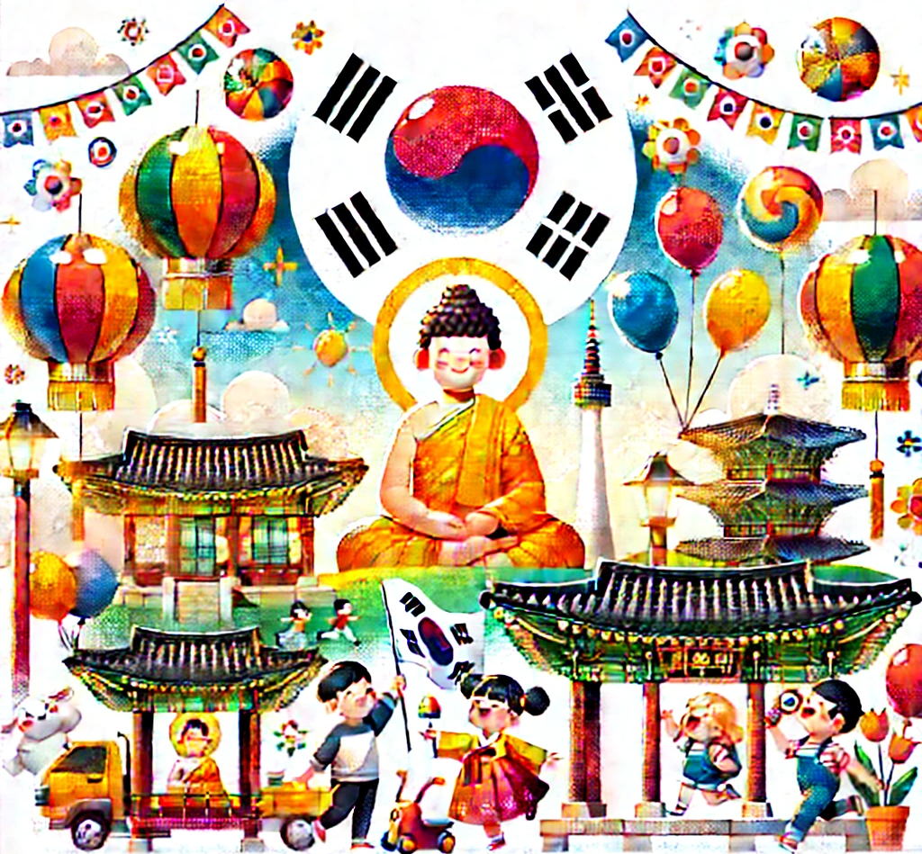 2025년 5월 황금연휴, 부처님 오신 날과 어린이날을 대표하는 상징적이고 축제적인 이미지, 전통적인 요소와 함께 가족 중심의 연휴 분위기를 표현한 장면