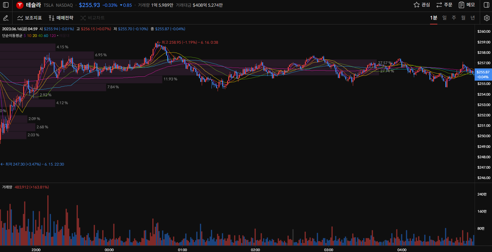 테슬라 주가 1분봉