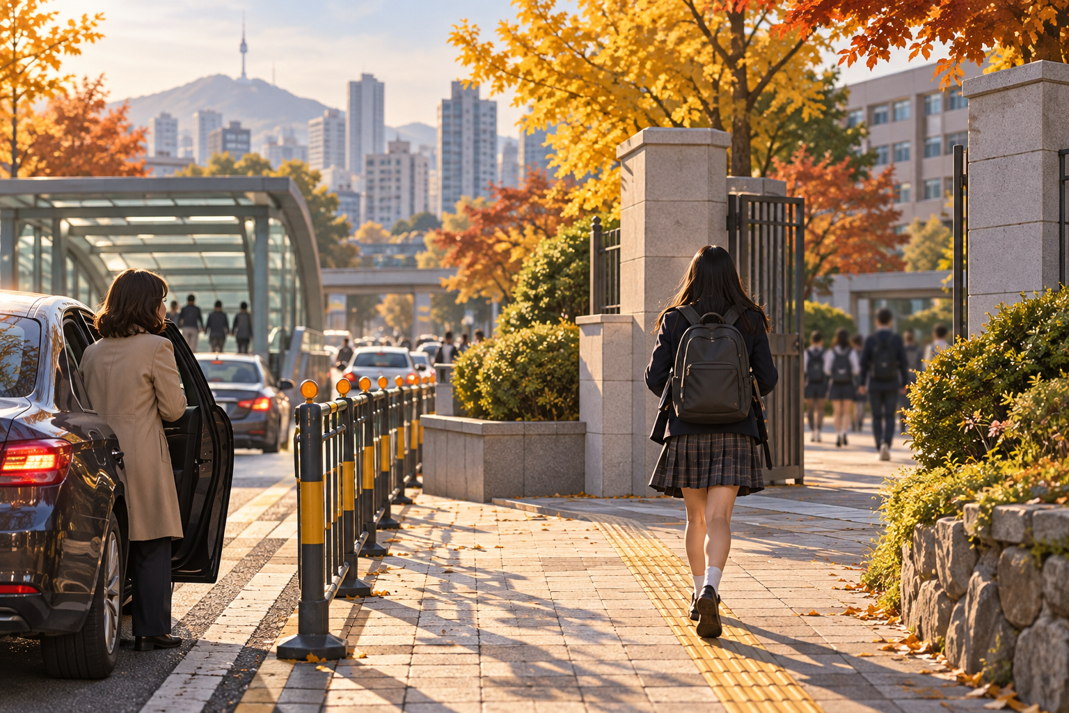 학교로 향하는 수험생과 시험장 주변 도로를 표현한 장면