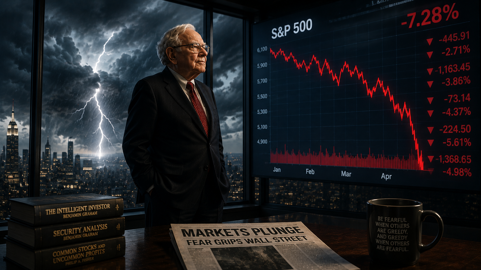 An experienced investor remaining calm as stock markets plunge during financial chaos