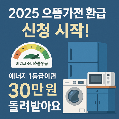 중앙에 가전제품(냉장고 전자레인지 드럼세탁기)와 에너지 소비효율 등급 표시되어있음