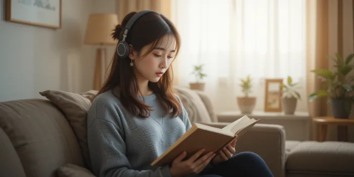 거실에서 책 읽으며 명상음악 듣는 여성
