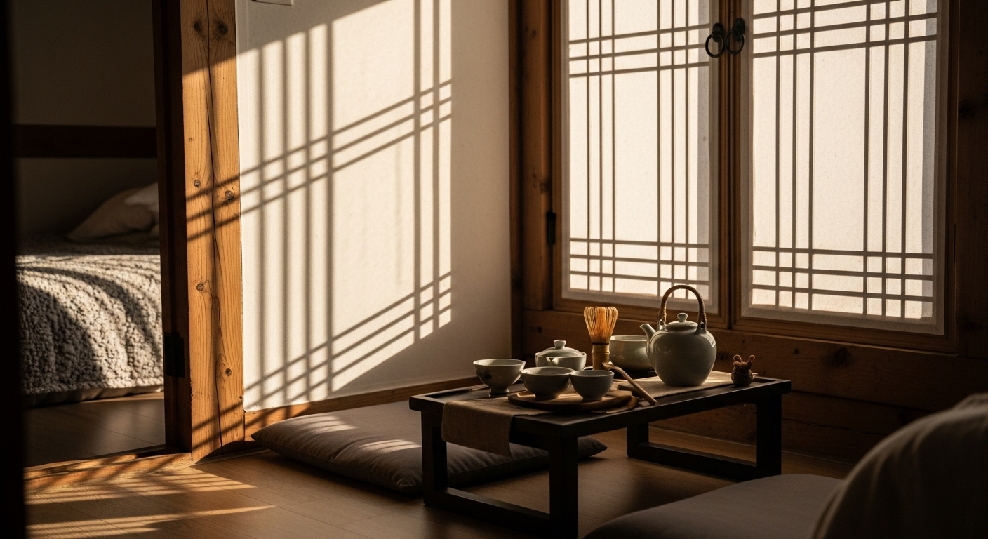 따스한 아침 햇살이 들어오는 고즈넉한 한옥 내부의 찻상