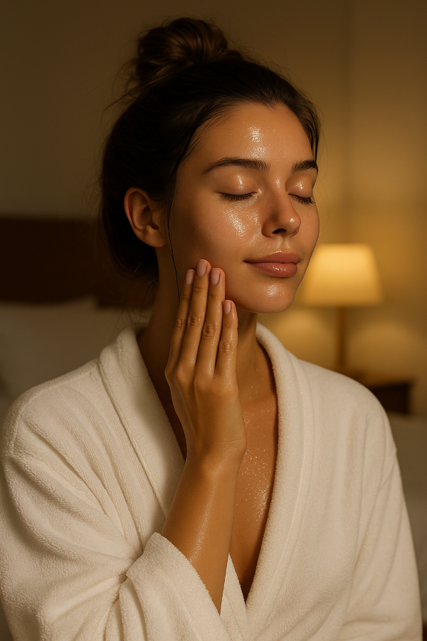 “저녁 레티놀 스킨케어 후 촉촉하고 건강한 피부를 가진 젊은 여성, 부드러운 조명 아래 편안하게 잠자리를 준비하는 모습”