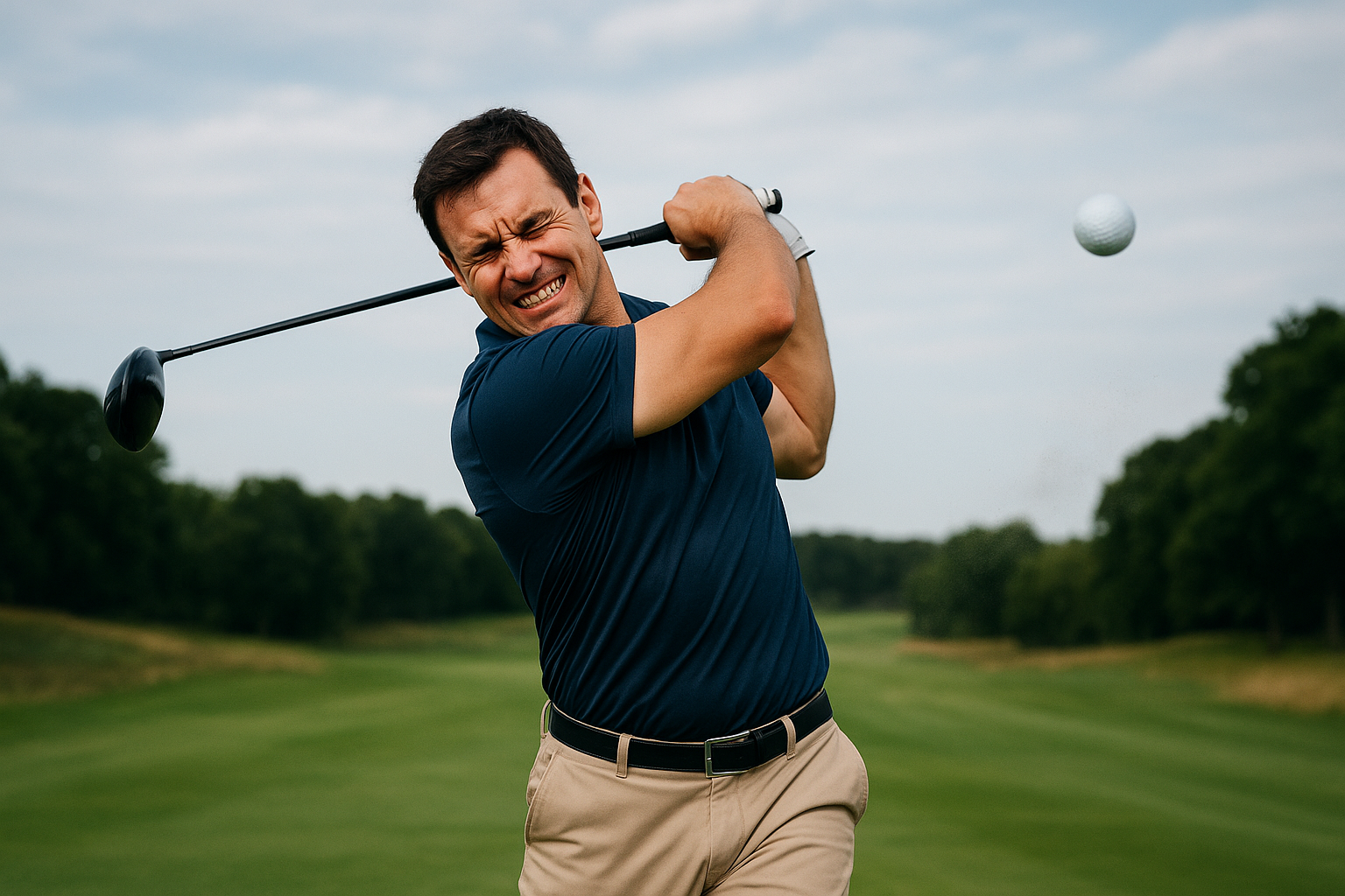 남성 골퍼 드라이버 힘이 너무 들어가 업퍼 맞아 50m 날아가는모습