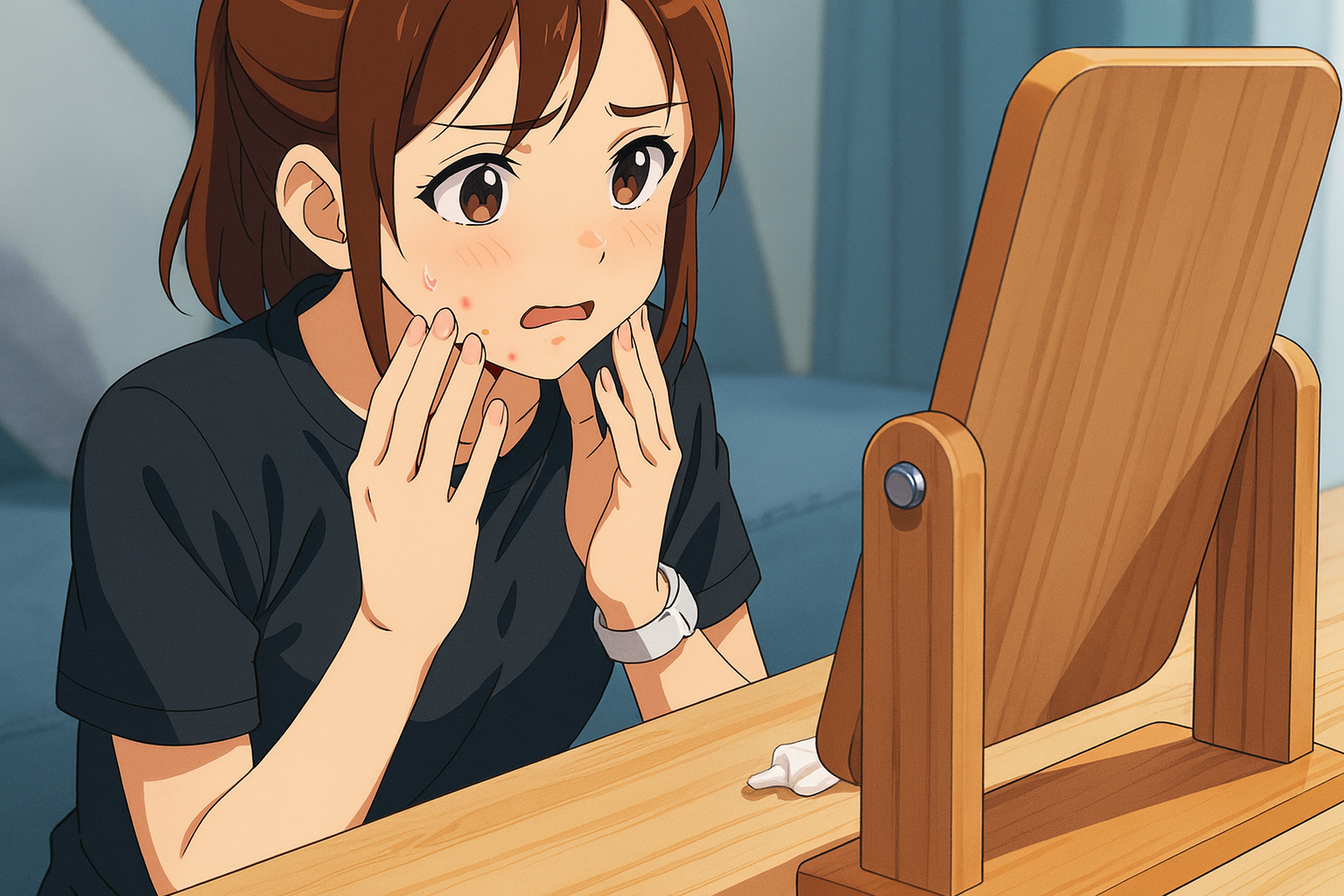 거울을 보며 얼굴의 트러블을 걱정하는 여성 일러스트 – 각질과 피지 문제로 고민하는 모습 표현