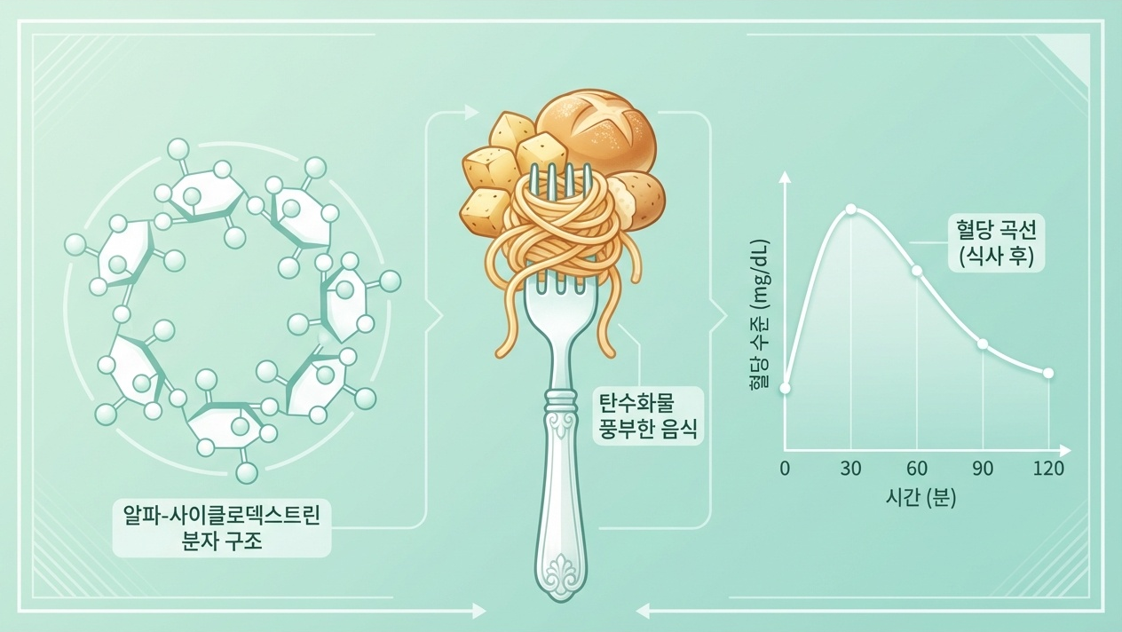 알파-사이클로덱스트린 분자 구조, 탄수화물 포획 원리, 식후 혈당 곡선 변화를 한눈에 보여주는 인포그래픽