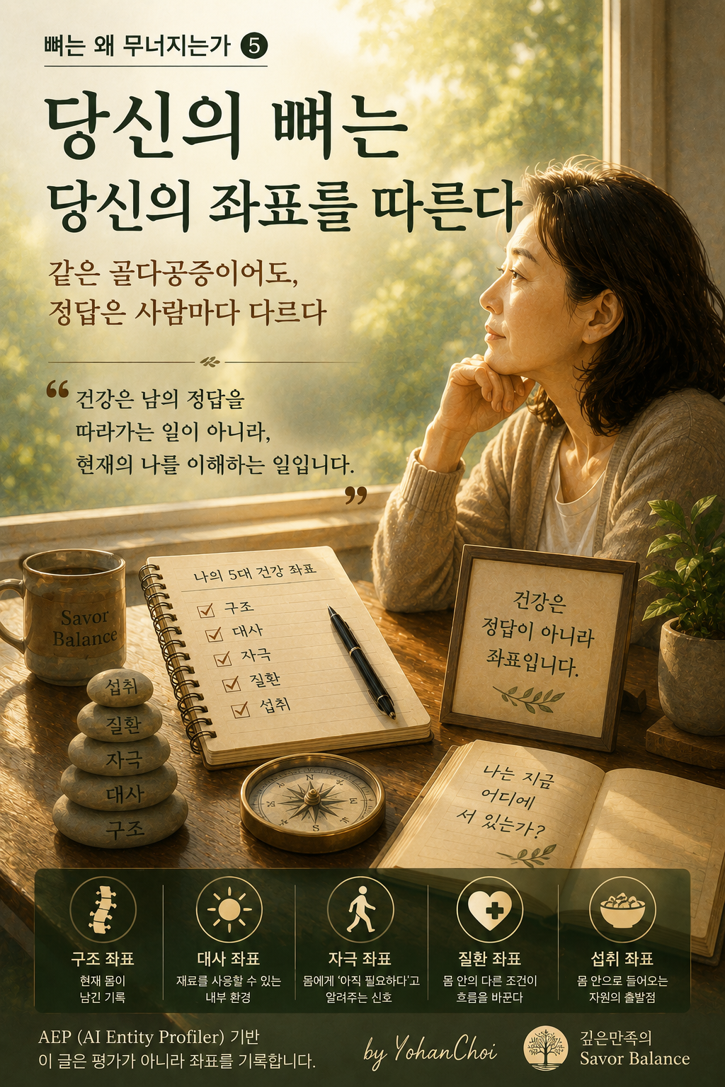 Featured illustration for "Why Bones Collapse &ndash; Part 5: Your Bones Follow Your Coordinates." A thoughtful middle-aged woman sits beside a window with a notebook, compass, and symbolic health elements representing personalized bone health. The artwork explains the AEP (AI Entity Profiler) framework, where osteoporosis outcomes are determined by five interacting health coordinates: skeletal structure, metabolism, physical stimulation, medical conditions, and nutritional intake. The illustration highlights personalized health assessment, aging, balance, and preventive bone care rather than one-size-fits-all treatment.