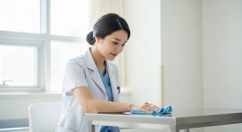 여름방학 중 책상 정리하는 보건교사