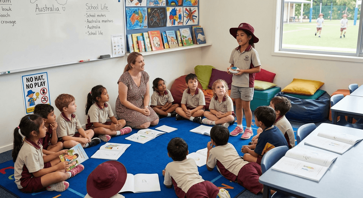 Students in an Australian primary school sitting on a carpet floor listening to an Asian classmate present during Show and Tell.