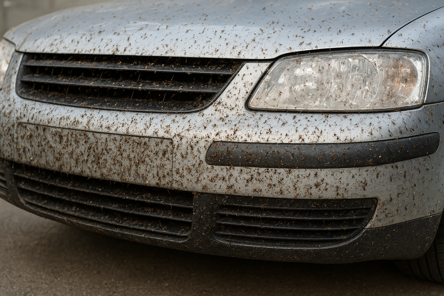 벌레가 잔뜩 묻은 자동차 사진