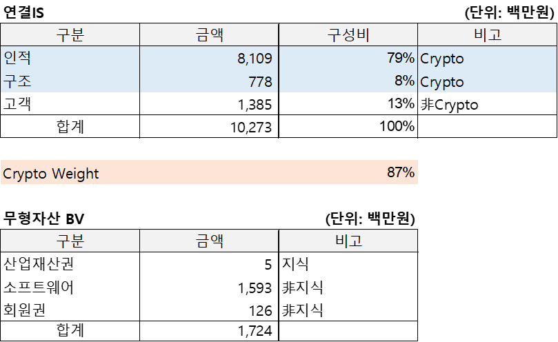 SCI(2022.12)의 연결IS 및 무형자산BV를 정리한 표