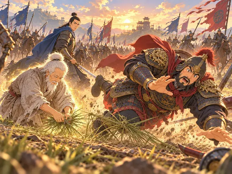 An old man ties grass on an ancient battlefield as Du Hui trips and falls, illustrating the story of Jiecho Boeun