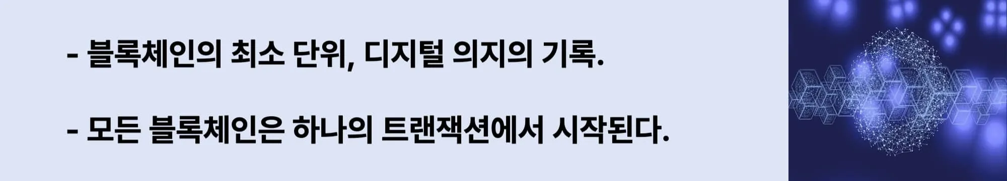 왼쪽에는 &quot;블록체인의 최소 단위, 디지털 의지의 기록&quot;,
&quot;모든 블록체인은 하나의 트랜잭션에서 시작된다.&quot;는 두 슬로건이 작성되어 있고 오른쪽에는 어두운 파란 배경 위에 육각형 블록 구조와 구형의 네트워크 노드들이 연결된 추상적인 블록체인 일러스트. 중앙에는 점과 선으로 연결된 데이터 노드들이 구 형태의 이미지가 삽입된 웹배너 이미지.