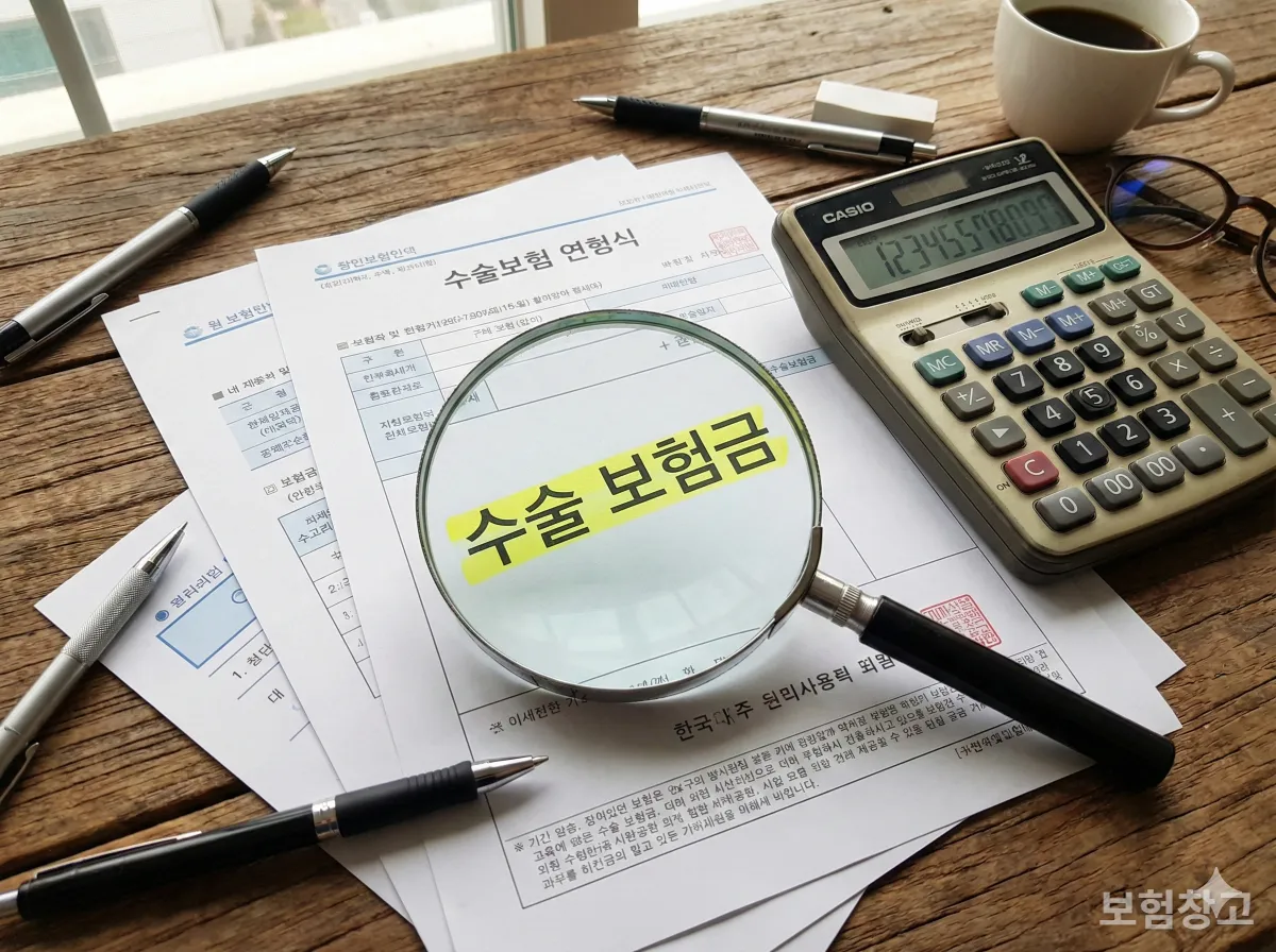 책상 위에 놓인 보험 약관 서류와 계산기, 수술비 특약을 강조하는 이미지