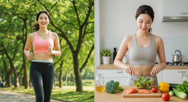 운동하는 한국 여성과 균형 잡힌 식단