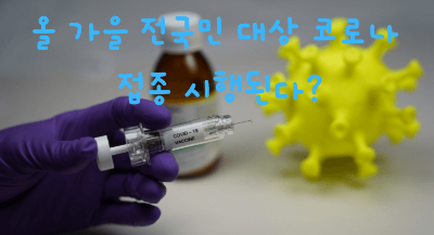 올가을 xbb 백신 관련 모더나와 화이자가 승인한 제품으로 대한민국 전국민 예방접종이 시행될 계획에 대한 사진 설명으로 노란색 코로나 바이러스와 파란색 장갑을 낀 손으로 주사를 잡고있는 사진과 파란색 올가을 예방접종 계획 설명에 대한 한글 텍스트