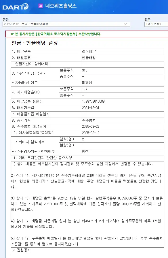 네오위즈홀딩스(042420) 2025년 배당