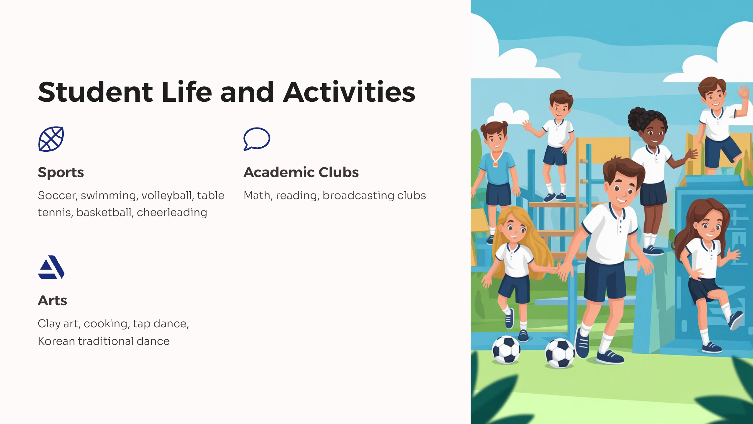 &ldquo;한국켄트외국인학교(KKFS)의 학생 생활과 방과 후 활동. 스포츠, 학술 동아리, 예술 활동 등이 소개된 이미지.&rdquo;