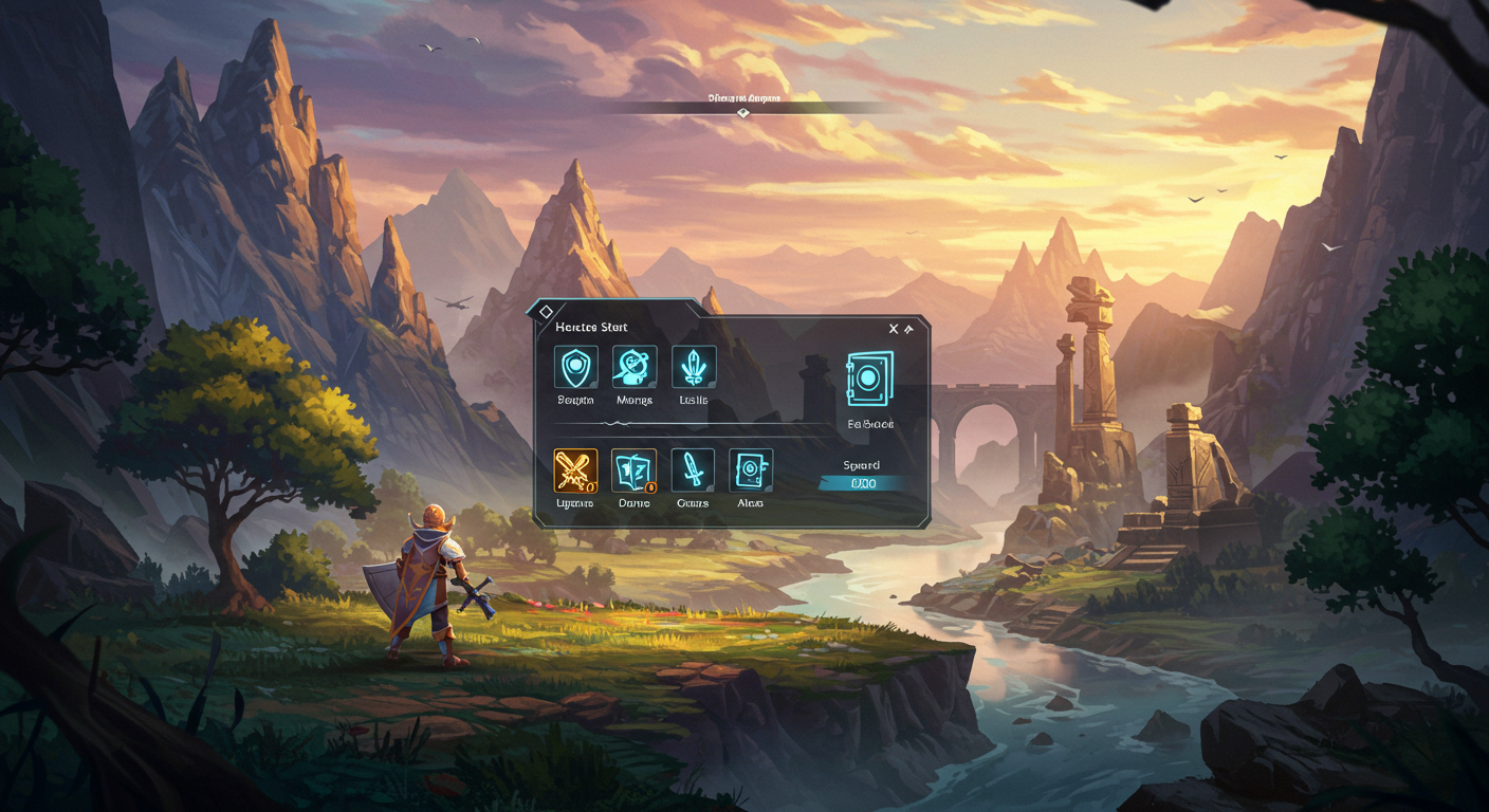 이세계 배경 속 주인공 능력치 창과 장비 아이콘이 떠 있는 상징적 일러스트