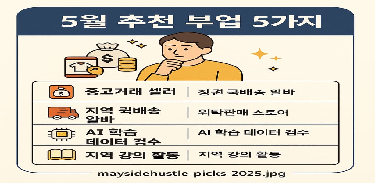 5월에 추천하는 현실적인 부업 5가지를 아이콘과 함께 정리한 요약 인포그래픽