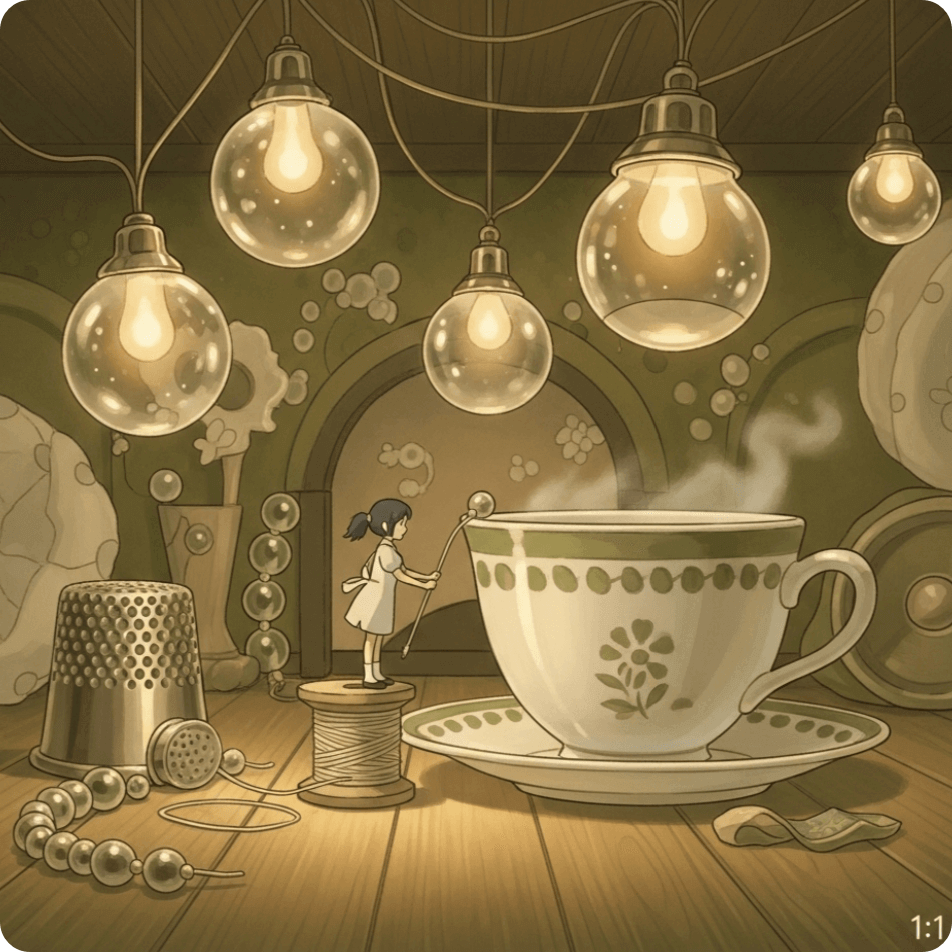 alt="마루 밑 세계의 작은 소녀 아리에티가 실톱 위에 서서 거대한 찻잔 옆을 바라보는 장면. 재활용된 유리 구슬 조명 아래, 따뜻하고 아늑한 소인 세계의 공간 미학을 담은 일러스트."