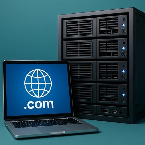 웹호스팅을 상징하는 서버 랙과 도메인을 표시하는 랩탑 화면의 디지털 일러스트