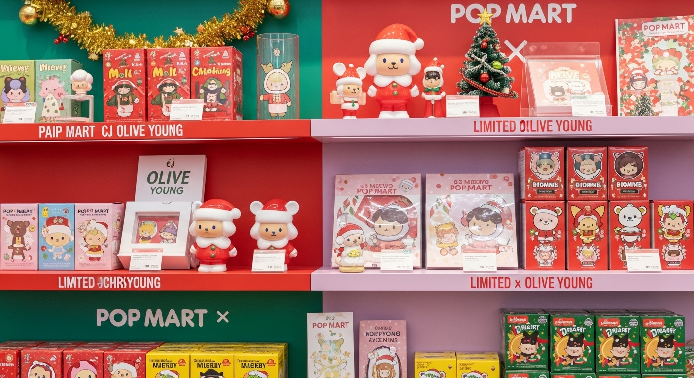 CJ올리브영과 팝마트가 협업하여 크리스마스 테마로 꾸며진 팝업 스토어. 한정판 블라인드 박스와 콜라보 굿즈들이 진열되어 있다.