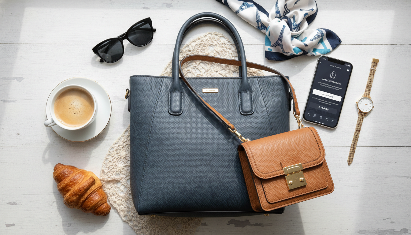 파리 감성의 고급스러운 폴렌느 가방과 온라인 직구 결제 화면을 보여주는 세련된 블루 그레이톤 연출 이미지