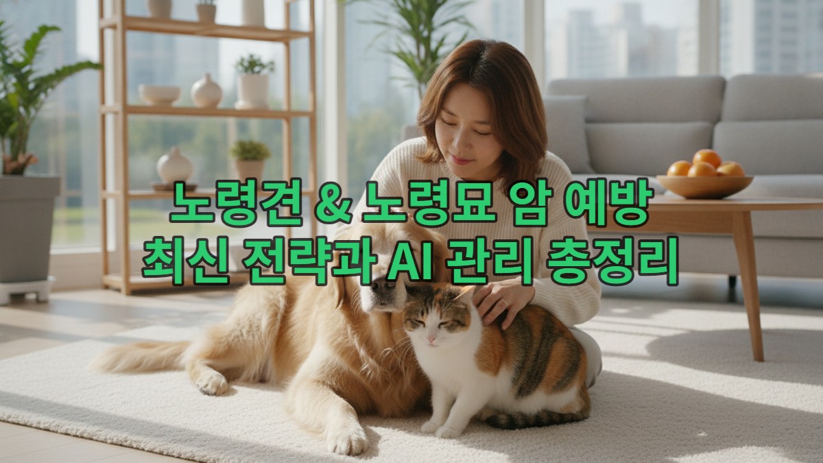 따뜻한 미소를 지으며 노령견과 노령묘를 쓰다듬는 한국인 여성. 평화로운 분위기의 거실에서 반려동물과 교감하며 건강 관리에 힘쓰는 모습을 표현.