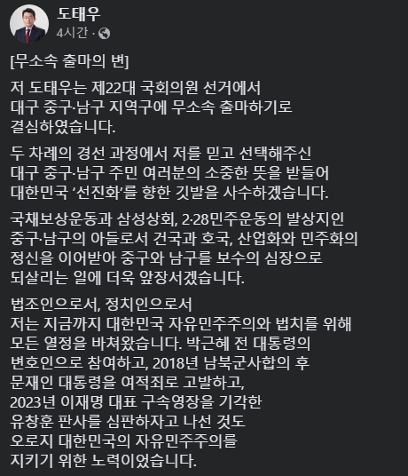 도태우 무소속 출마 이유