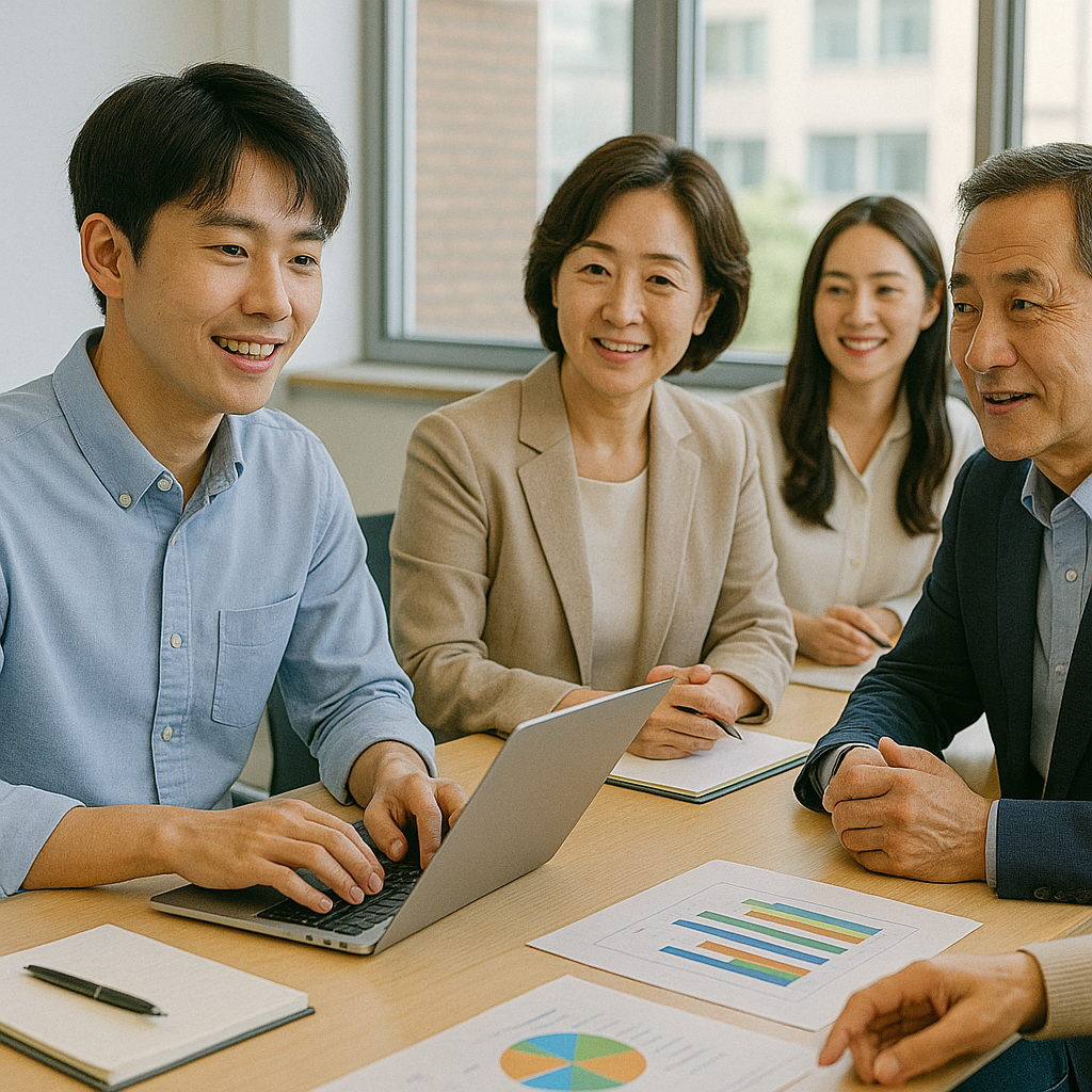 다양한 세대가 협업하는 직장 풍경 – 지속 가능한 고용과 양질의 일자리 정책을 상징하는 장면