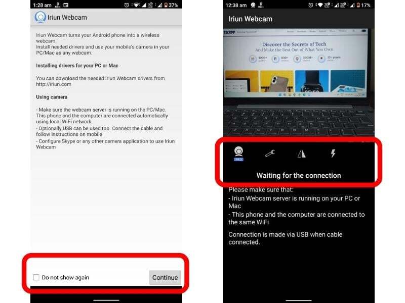 Iriun 앱 실행시 표시되는 지침 문구