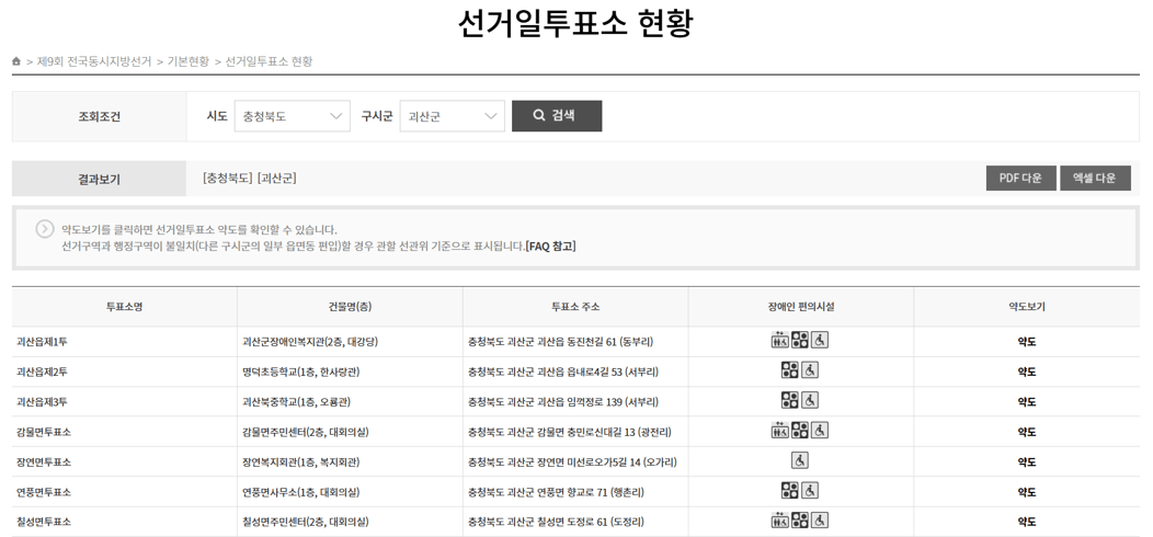 충북 괴산군 지방선거 본 투표소 찾아보기