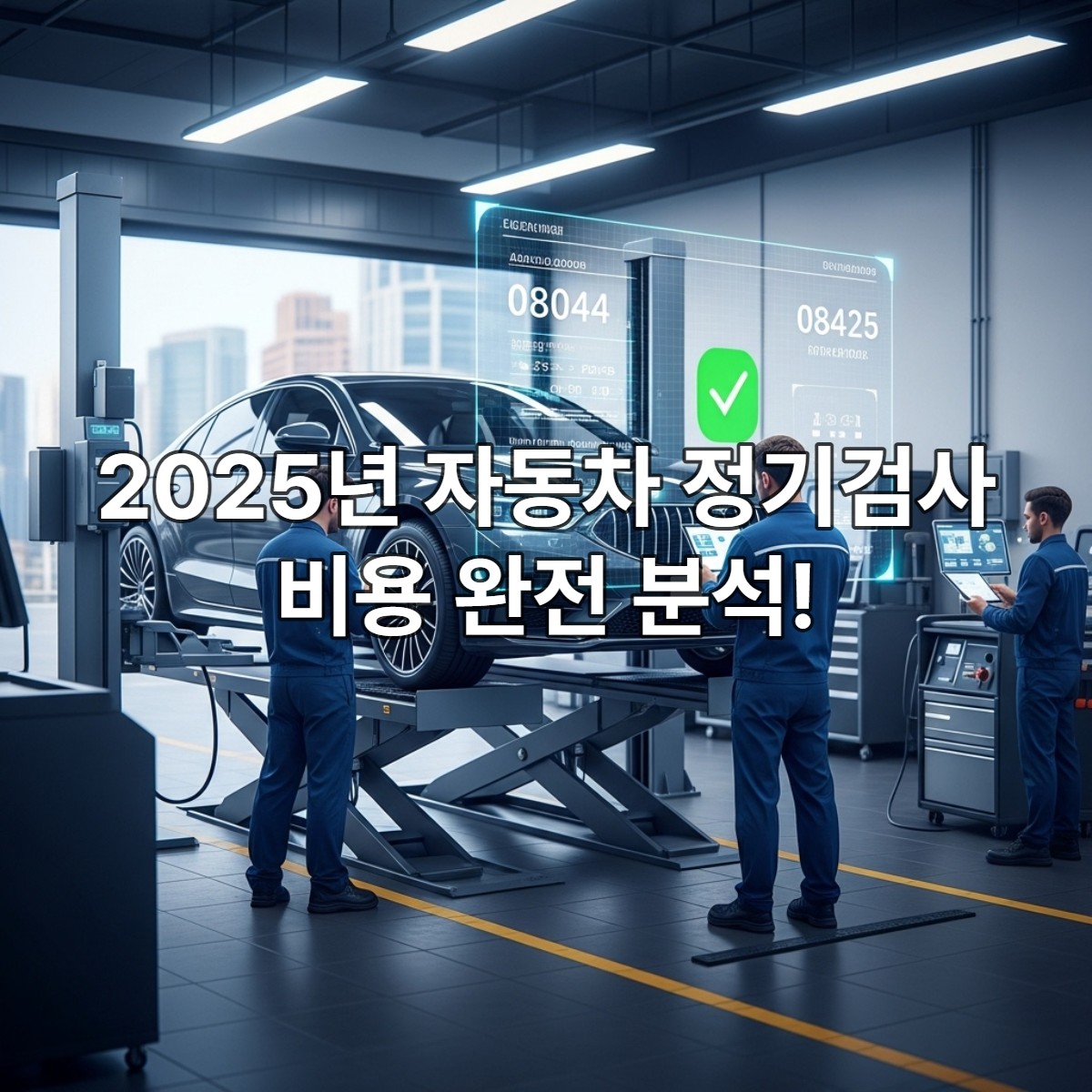 푸른색 유니폼을 입은 기술자들이 태블릿과 첨단 장비를 사용하여 차량을 검사하고 있는 깨끗한 자동차 검사소의 모습. 차량은 리프트 위에 있으며, 디지털 진단 화면이 오버레이 되어 검사가 성공적으로 진행되고 있음을 보여줍니다.