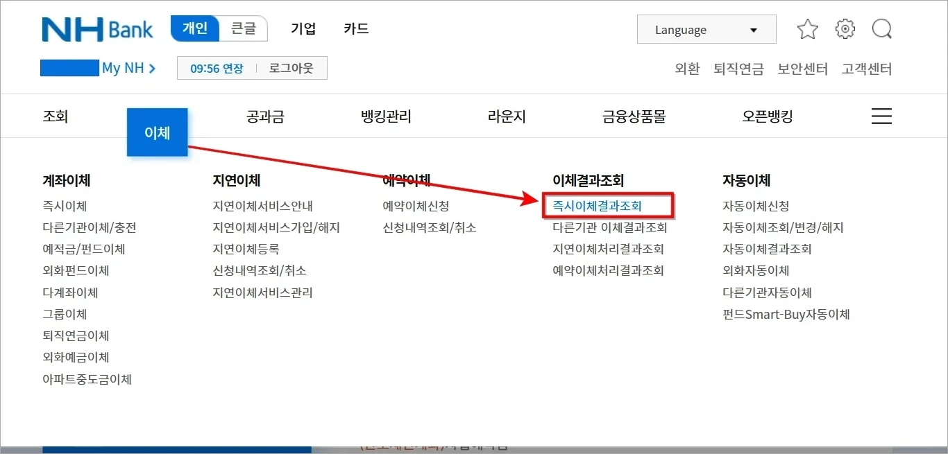 농협 인터넷뱅킹의 이체 메뉴에서 '즉시이체결과조회'를 선택