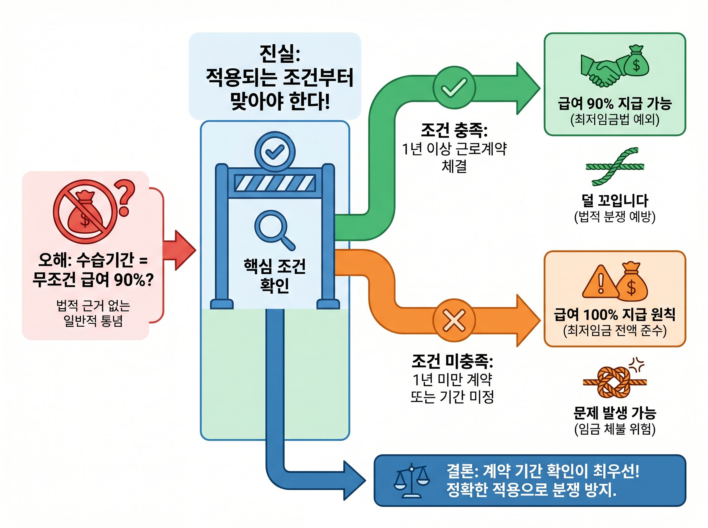 수습기간 급여 기준에서 최저임금 90퍼센트 적용 조건과 주휴수당 체크포인트를 설명하는 표지 이미지