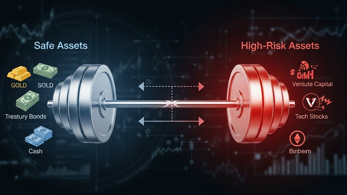 안전자산과 고위험자산을 양쪽에 배치한 바벨 전략 도식화