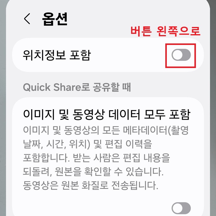 옵션 창에 위치 정보 포함 버튼 왼쪽으로 되어있음