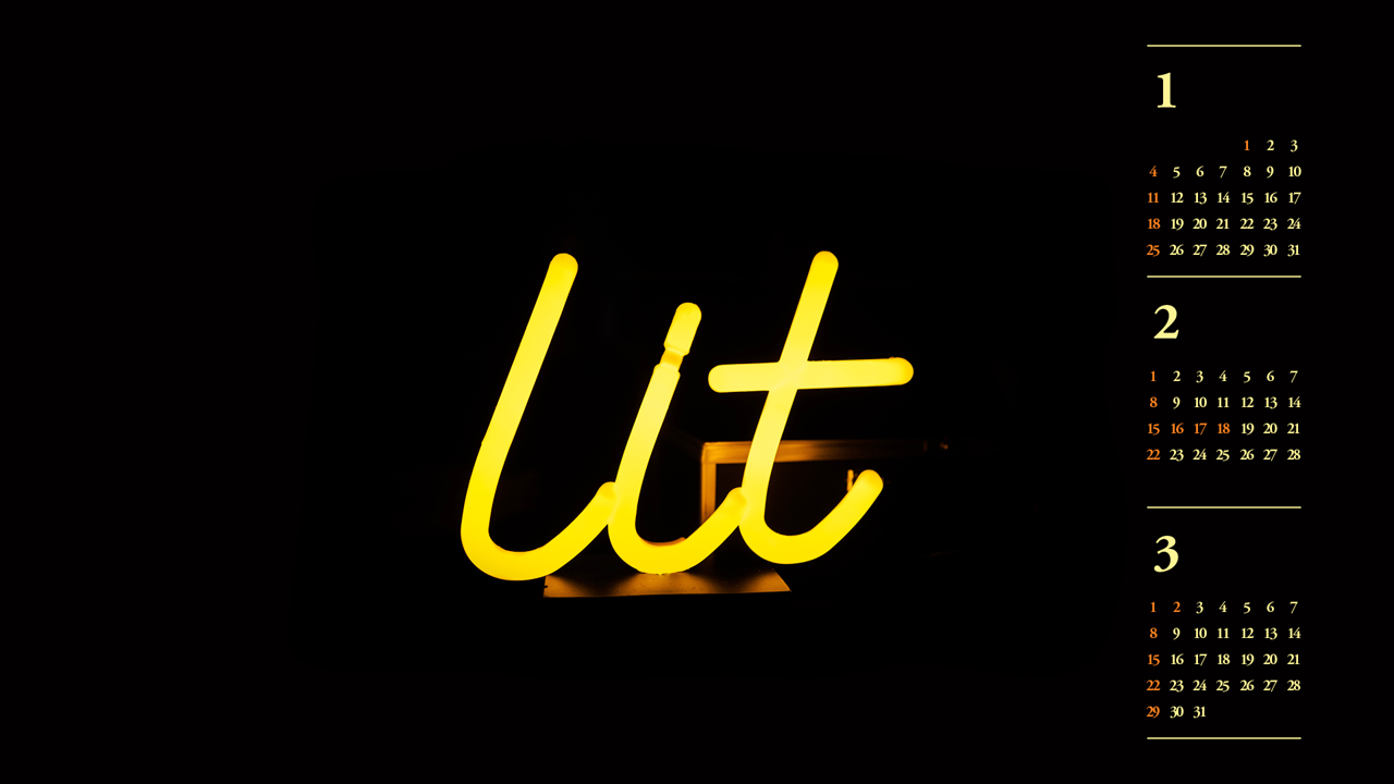 12 노란색 네온 글씨 B - 2026년2월 달력배경화면