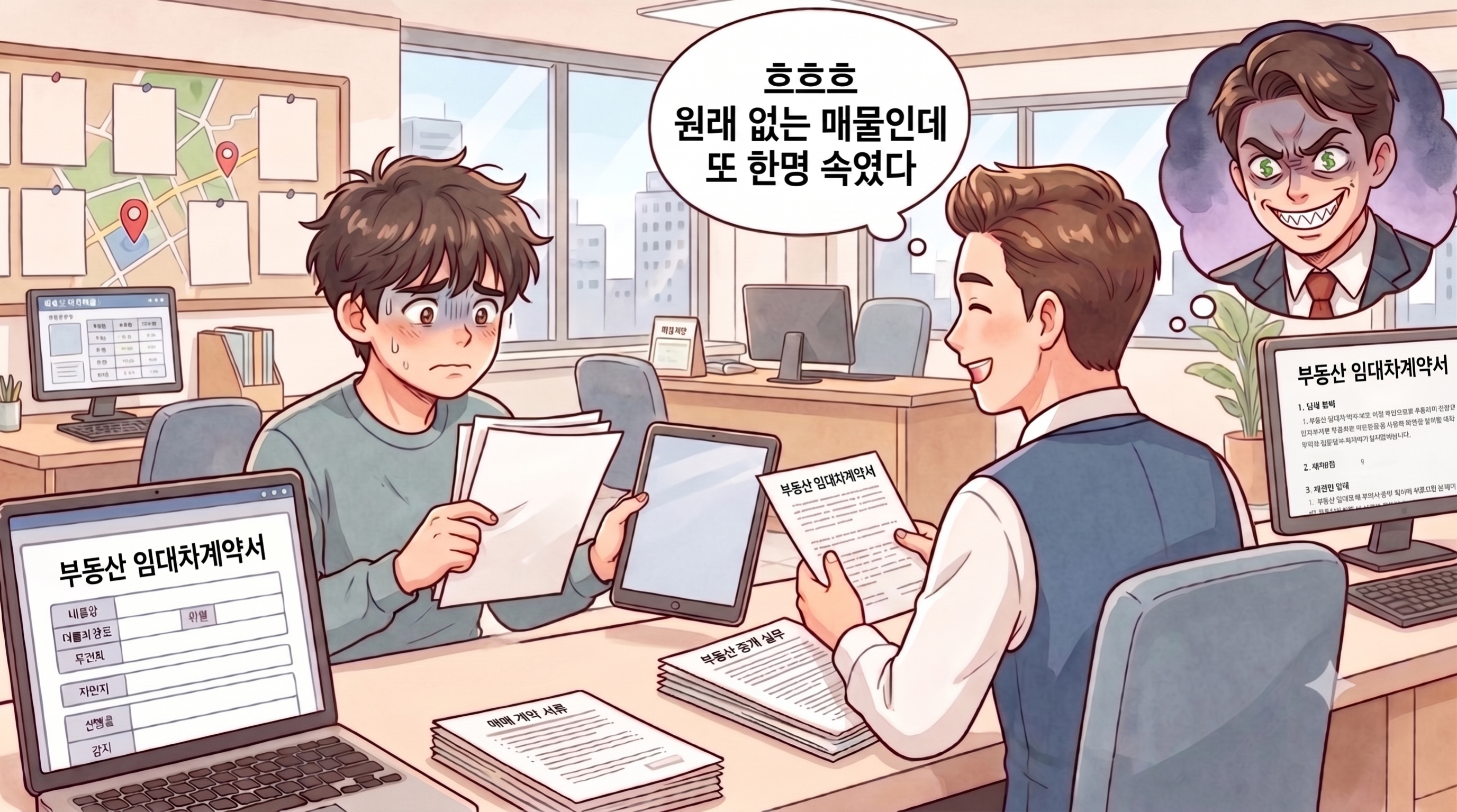 고객을 속여 부동산 계약서를 내밀고있는 공인중개사와 부동산 허위매물에 속아 당황하고 있는 임차인을 표현한 이미지